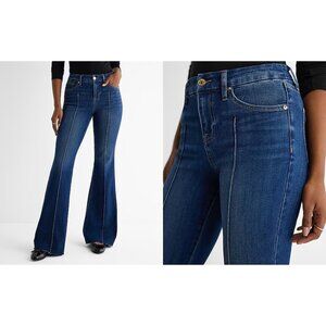 Mid Rise Dark Wash Pintuck Raw Hem FlexX '70s Flare Jeans